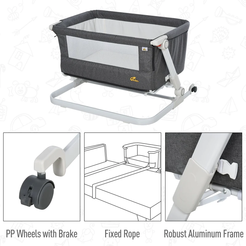 Qaba Baby Bassinet Bedside Sleeper Folding and Adjustable Baby Crib Diaper Changer Nursery Bed for 0-5 Months Infants with Wheels & 5 Height Levels, Dark Grey