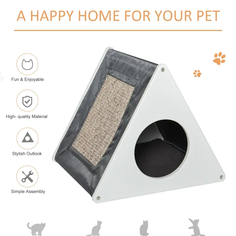 PawHut Wooden Cat House Triangle Shaped Bed Kitten Condo with Removable Cushion, Sisal Scratching Carpet, Grey and White