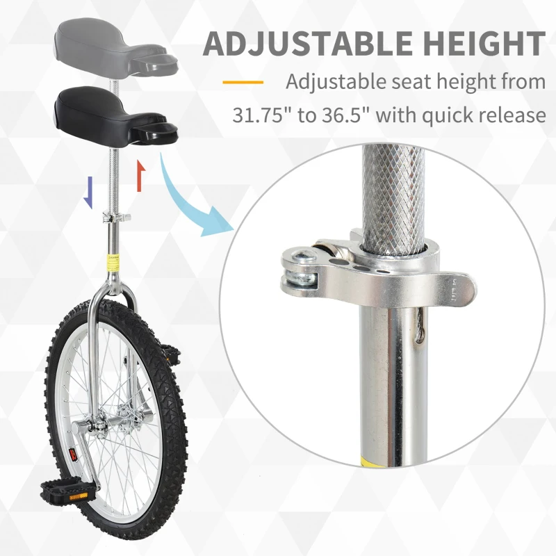 Soozier Professional Unicycle 20" Chrome Plated Pneumatic Wheel Uni-Cycle with Adjustable Height Free Stand  Cycling Black