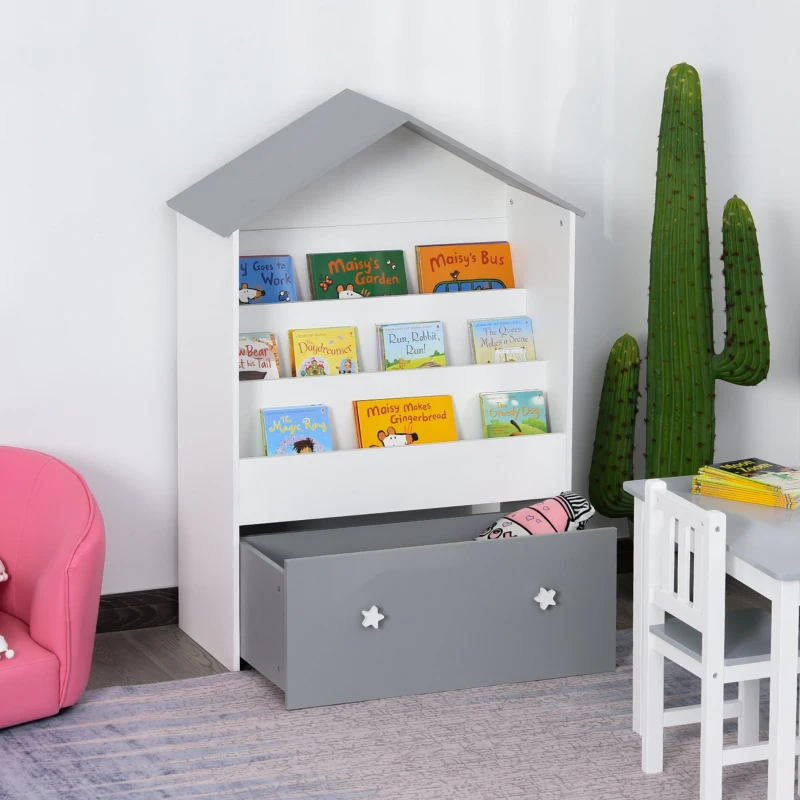 HOMCOM 3-Tier Bookcase with Drawer House Shaped Storage Organizer Bedroom Study Room for Children White & Grey