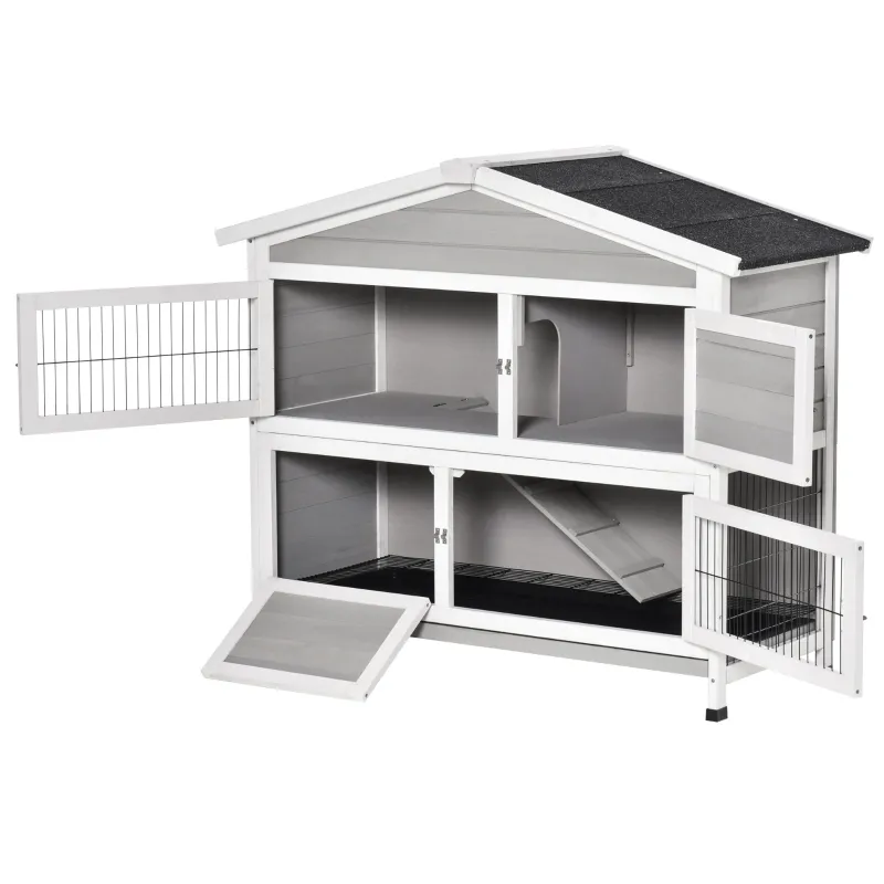 PawHut 48" 2-Story Rabbit Hutch Wooden Bunny Cage Small Animal Habitat with Ramp, No Leak Tray and Weatherproof Asphalt Roof, Indoor/Outdoor Light Grey