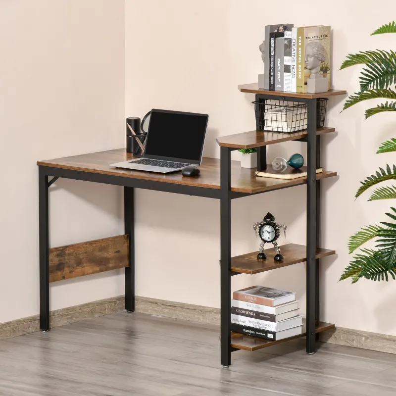 HOMCOM Compact Computer Desk with 4-Tier Open Bookshelf, Writing Table with Steel Frame for Home Office, Rustic Brown