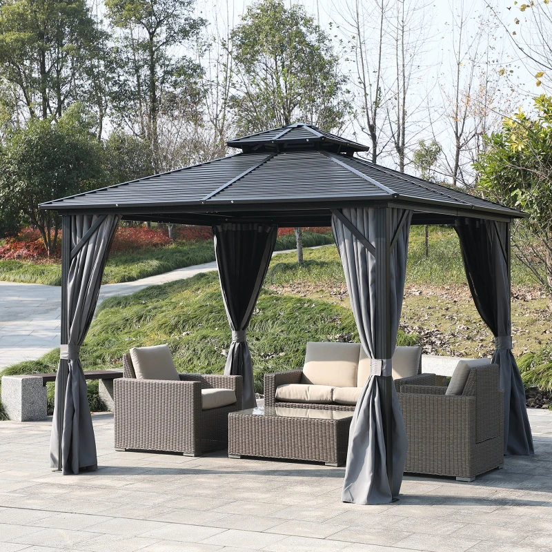 Outsunny 10' x 10' Steel Hardtop Gazebo Garden Sun Shelter with Mosquito Netting and Curtains Hanging Hook Aluminum Frame