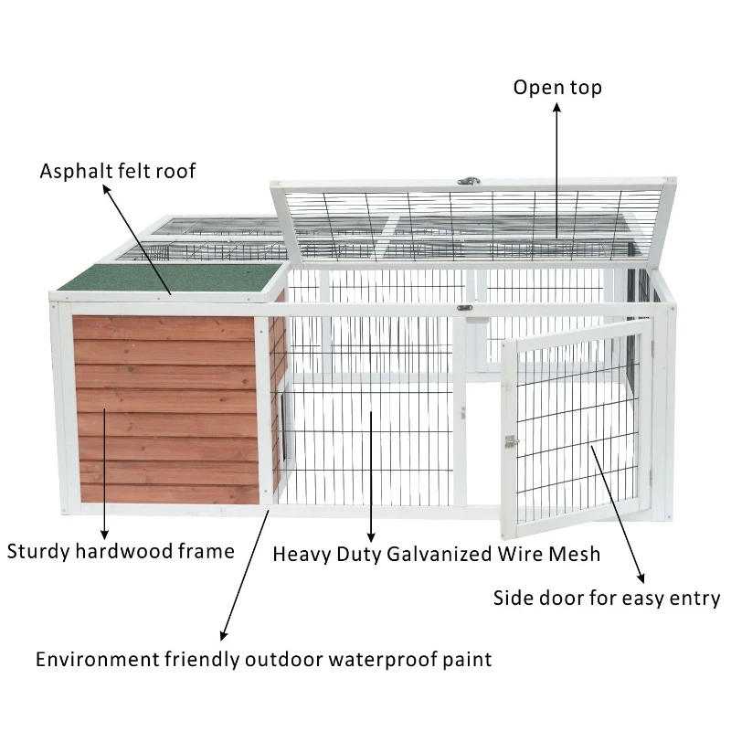 PawHut 64" Outdoor Rabbit Hutch Playpen, Wooden Tortoise House Habitat, Bunny Cage with Run and Enclosed Cover, for Rabbits, Chickens, Ducks, Indoor, Brown