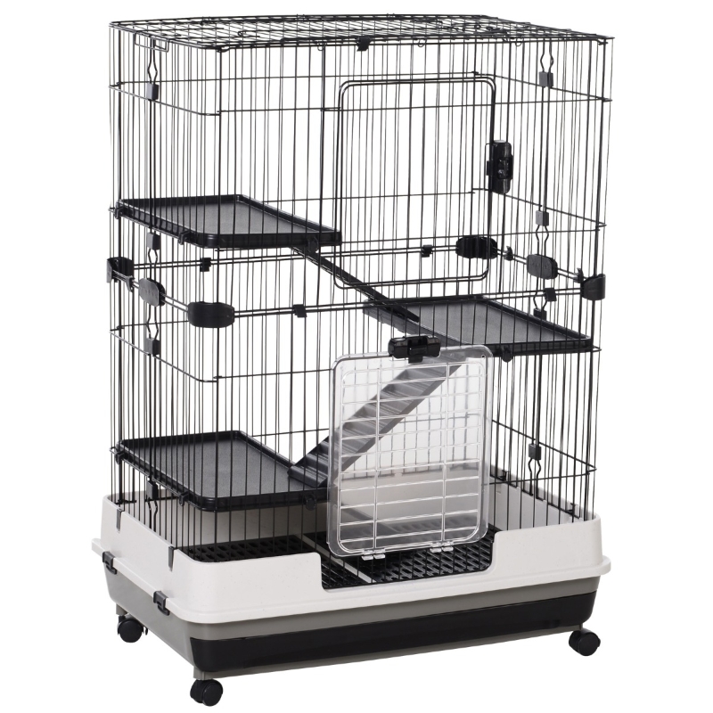 PawHut 43" 4-Level Metal Small Animal Cage with Main House for Rabbits, Guinea Pigs, w/ Wheels and Brakes, 3 Doors, Detachable Run
