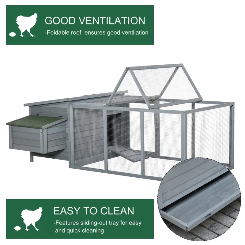 PawHut 88" Large Wooden Chicken Coop Outdoor Hen House Poultry Cage Pen Backyard with Run, Nesting Box, Waterproof Roof and Removable Tray, Gray