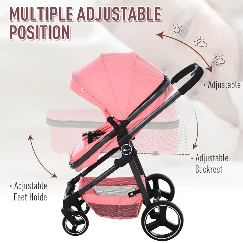 Qaba 2 In 1 Design Lightweight Baby Stroller Basket One-click Foldable Compact Travel Pushchair w/ Reclinable Back Footrest Seat Belt Storage Basket Suspension Wheels For 0-36 Months Pink