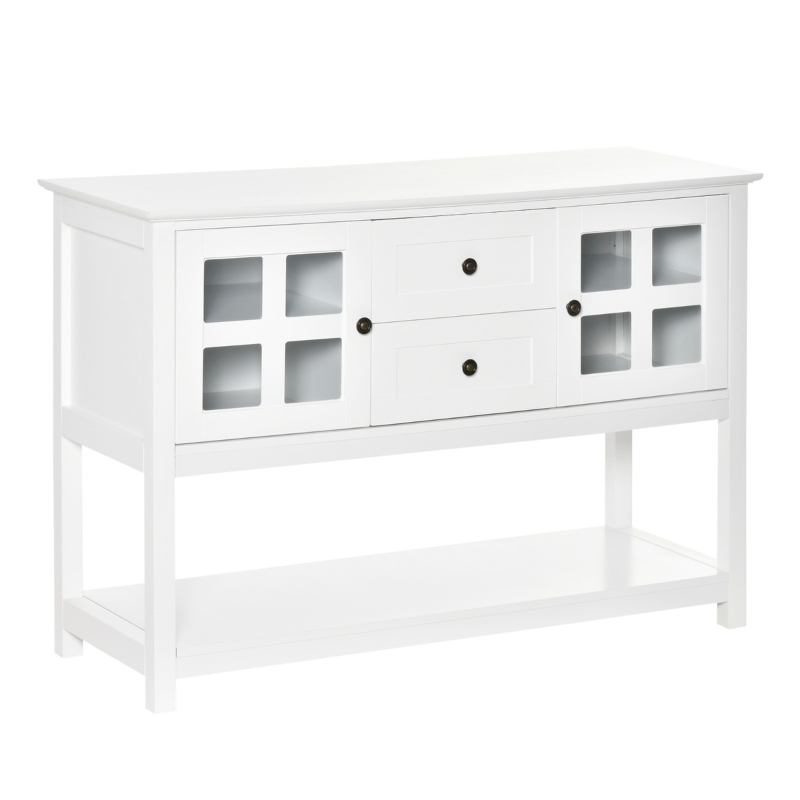 HOMCOM Kitchen Sideboard Serving Buffet Cabinet Cupboard Console Table with Adjustable Shelves, Glass Doors, and 2 Drawers, for Living Room, White