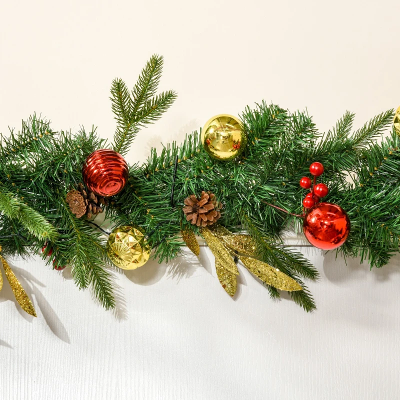 HOMCOM 9FT Pre-Lit Christmas Garland Decoration Artificial Greenery w/ Pine Cone  Ball