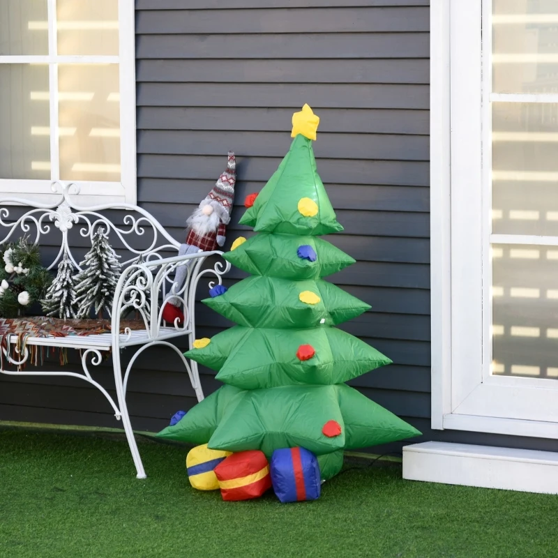 HOMCOM 4ft Christmas Inflatable Christmas Tree with Presents, Outdoor Blow-Up Yard Decoration with LED Lights Display