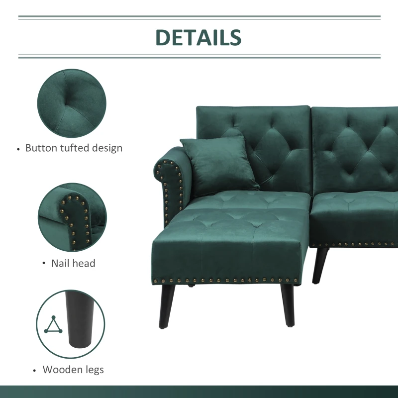 HOMCOM Modern Fabric Sectional Sofa Bed Set, Double Sofa and Chaise Lounge with Adjustable Backrest and 2 Removable Cushions, for Living Room Waiting Room, Dark Green