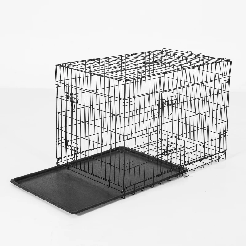 PawHut 30"x21"x22" Double Door Folding Metal Dog Crate w/ Plastic Tray