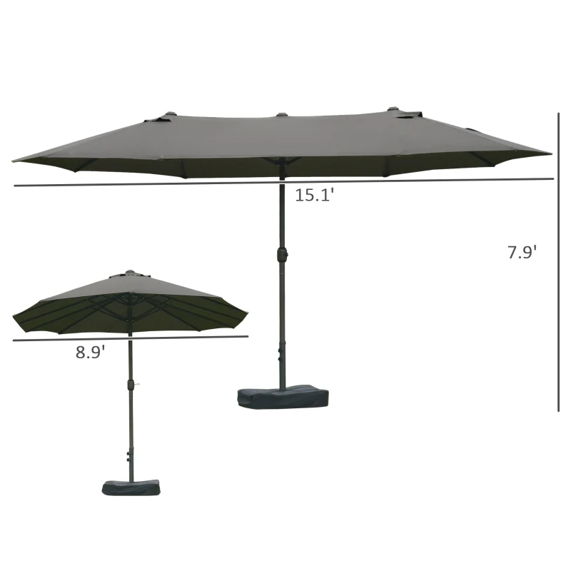 Outsunny Patio Umbrella 15' Steel Rectangular Outdoor Double Sided Market with base, UV Sun Protection & Easy Crank for Deck Pool Patio Dark Gray