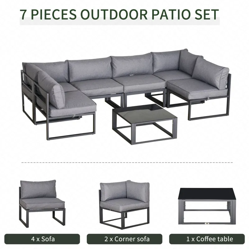 Outsunny 7 Pieces Outdoor Patio Furniture Set, Sofa Couch with Glass Coffee Table, Cushioned Chairs and Metal Frame, for Balcony Garden Backyard, Grey