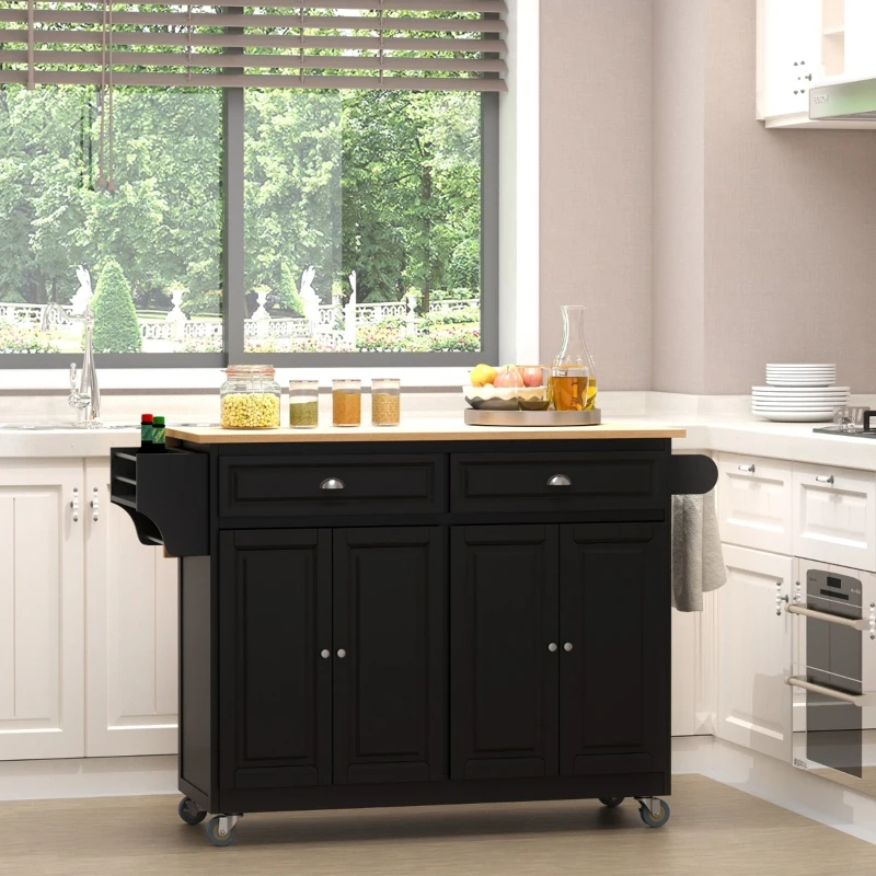 HOMCOM Rolling Kitchen Island on Wheels Ultility Cart with Drop-Leaf and Rubber Wood Countertop, Storage Drawer, Door Cabinet, Black