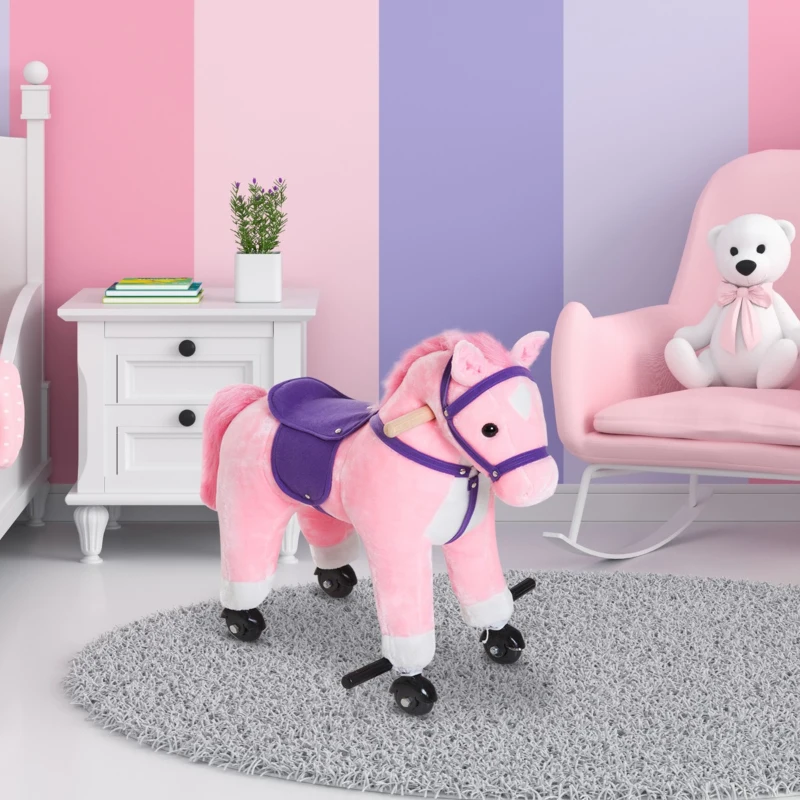 Qaba Kids Interactive Plush Mechanical Walking Ride On Horse Toy with Wheels - Pink