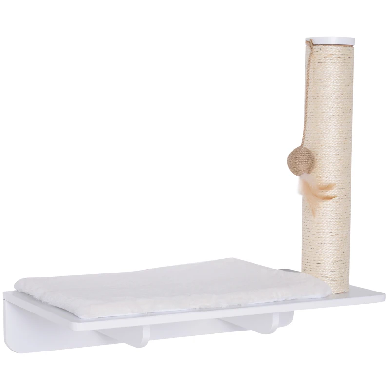 PawHut Wall-Mounted Cat Shelf W/ Scratching Post  Toy  Berber Fleece Mat Wood Kitten Climbing Tree