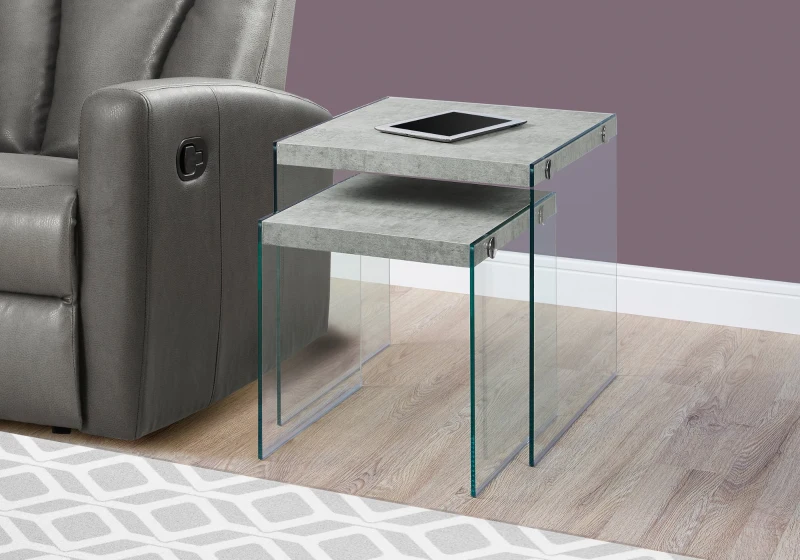 Monarch Contemporary 2 Piece Tempered Glass Frame Accent Side Nesting Table Set - Grey Cement-Look Top Finish