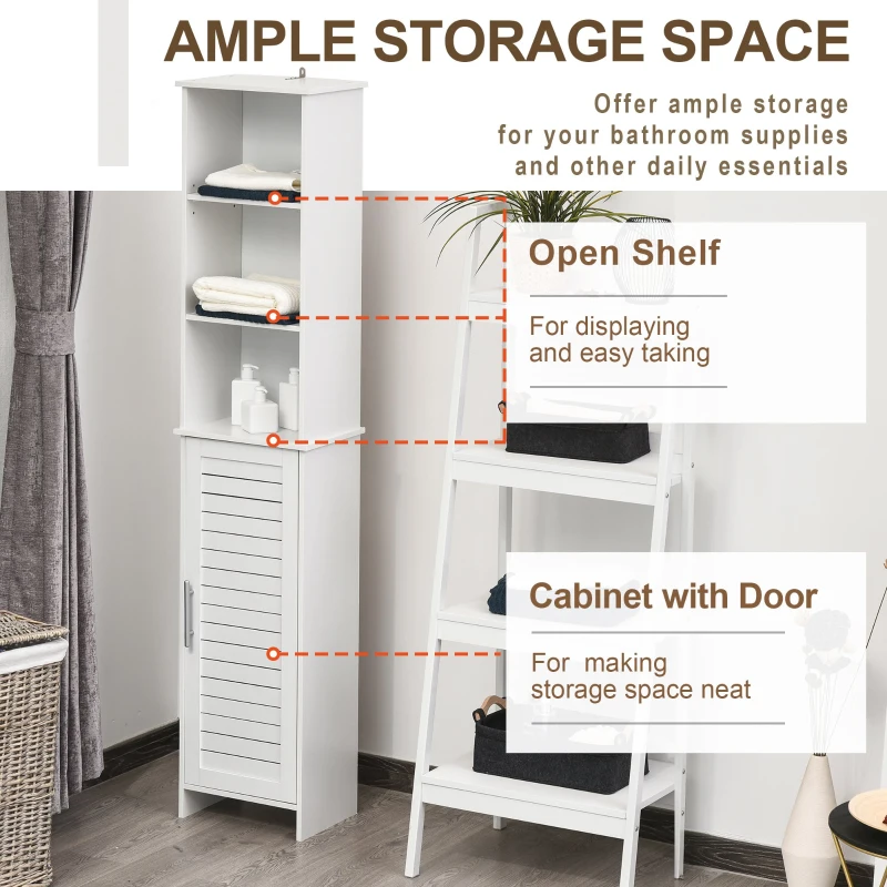 kleankin Tall Bathroom Floor Cabinet, Freestanding Linen Tower with Adjustable Shelf and Cupboard, Narrow Side Storage Organizer, White