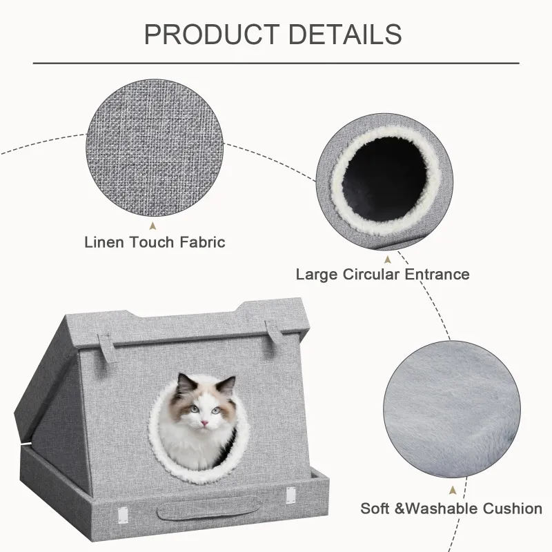 PawHut Cat House Foldable Kitten Cave 2 In 1 Design Condo Pet Bed with Soft Removable Washable Cushions Scratching Pad Suitcase Style Easy to Carry Grey