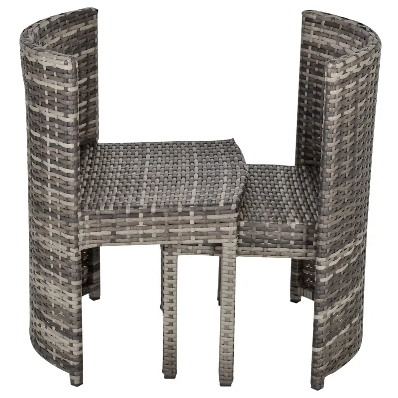 Outsunny 3 PCS Outdoor Rattan Wicker Bistro Set with Storage Shelf, Glass Top Table, Soft Cushioned Chairs and Space Saving Design, Patio Conversation Set for Garden Backyard Porch, Grey