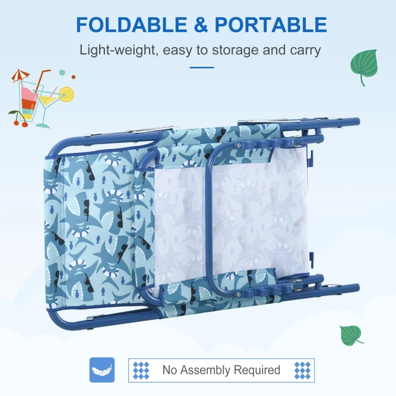 Outsunny Chaise Lounge Chair for Kids Patio Shark Pattern Folding Recliner Portable with Adjustable Backrest Outdoor Beach Pool Camping 46.5" x 15.75" x 9.5" Blue