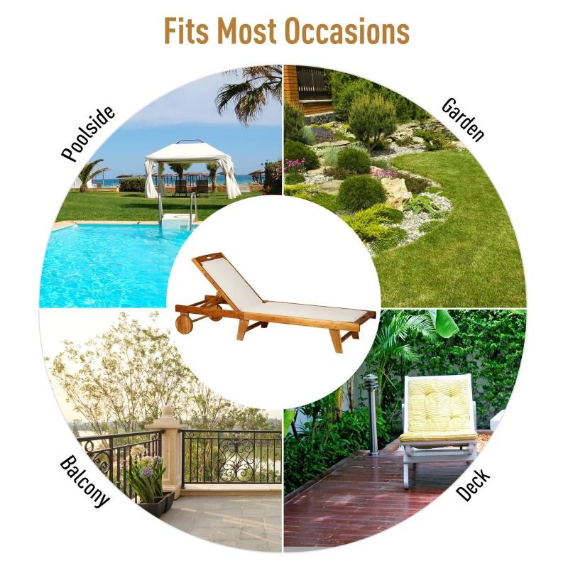 Outsunny Mesh Acacia Wood Adjustable Outdoor Sun Lounger with Wheels