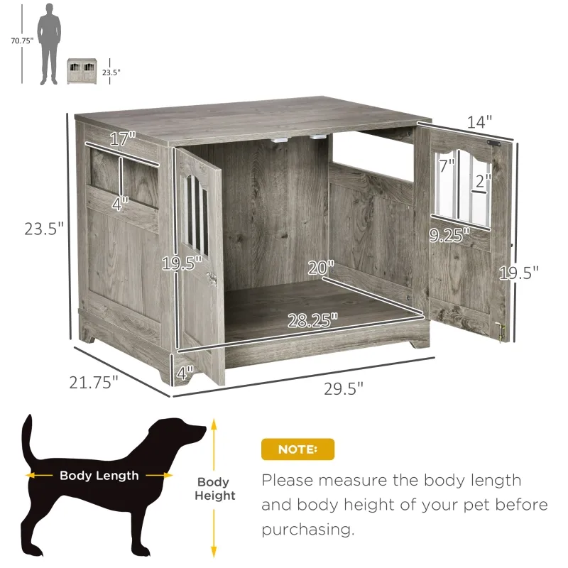 PawHut 29.5" Wooden Dog Cage with Windows, End Table Furniture Style, Modern Pet Kennel with Lockable Doors Elevated Base for Small and Medium-sized Dogs, Grey