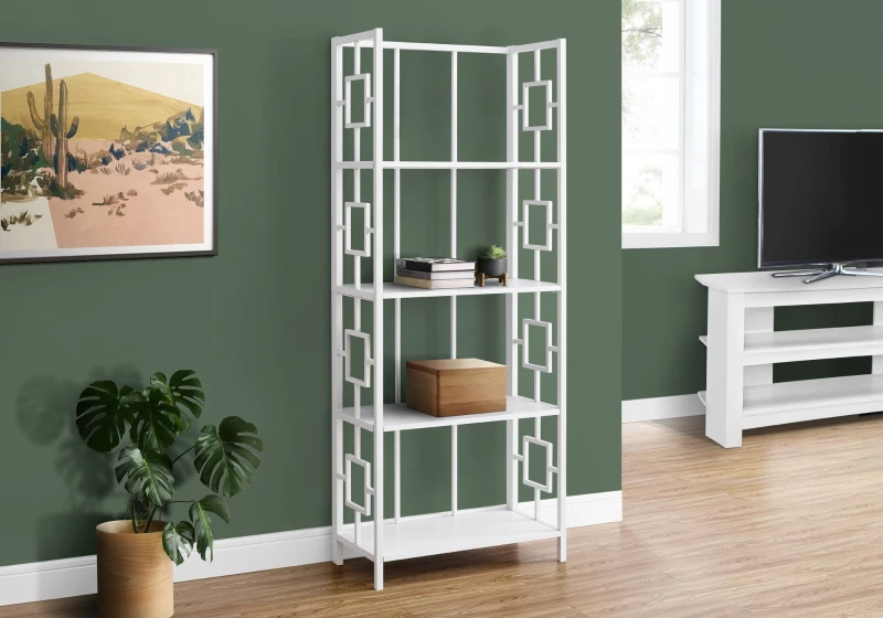 Monarch 62" H Transitional Decorative Metal 4-Tier Corner Etagere Bookcase - White / White Metal