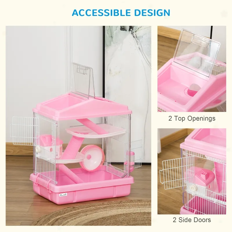 PawHut 3-Tier Hamster Cage Rodent Gerbil Habitat Rat House with Steel Wire, Exercise Wheel, Food Dish, Water Bottle, Pink