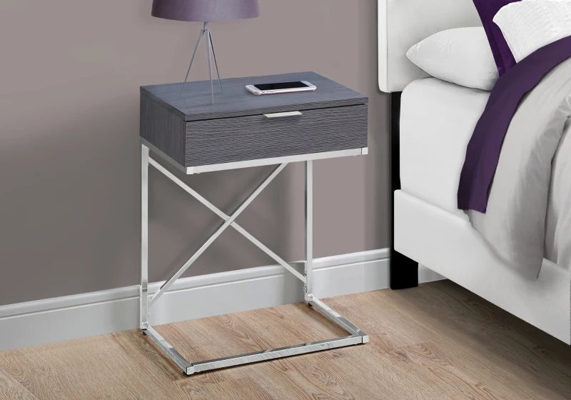 Monarch 24" Contemporary End Table Night Stand with Large Storage Drawer and Metal X-Design Frame - Grey / Chrome Base