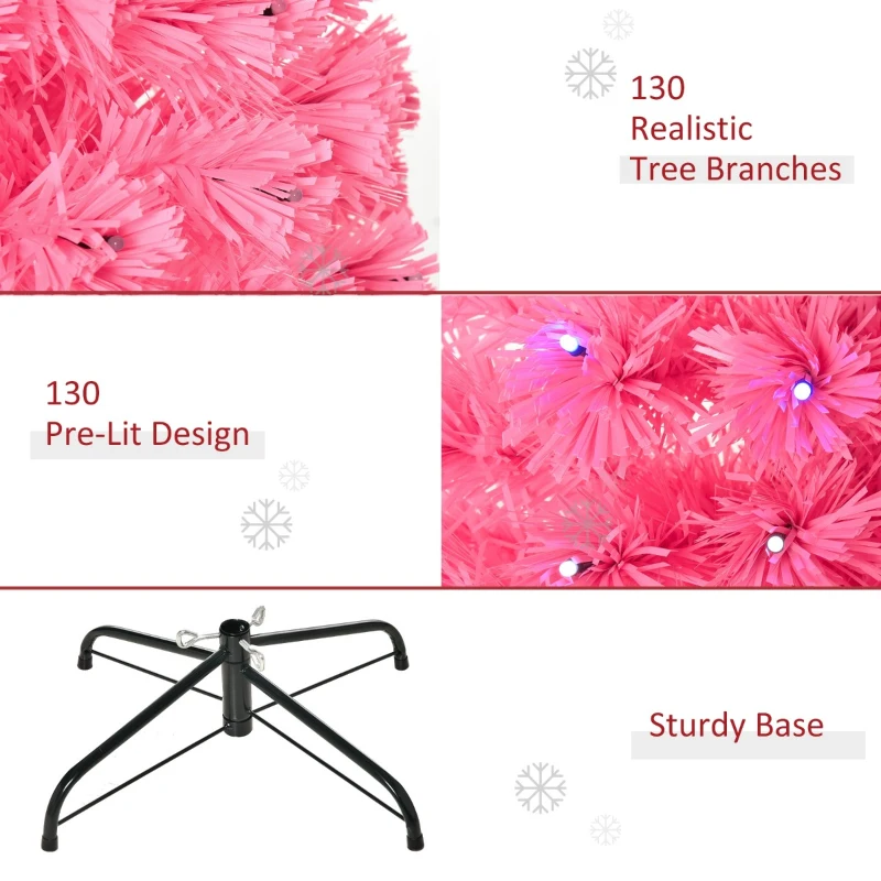 HOMCOM 4ft Fir Artificial Christmas Tree with Realistic Branches, 130 Multi-Color Fiber Optic LED Lights and 130 Tips, Pink