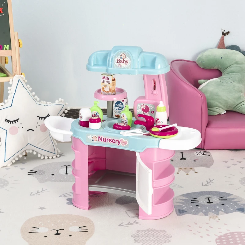 Qaba Baby Doll Bath Playset Kids Baby Nursery Set with Accessories for Boys Girls Ages 3-6 Years Pretend Play Set for Children Blue Pink