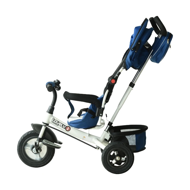 Qaba 4-in-1 Baby Tricycle & Stroller Kids Trike w/ Pushbar & Canopy Toddler Blue
