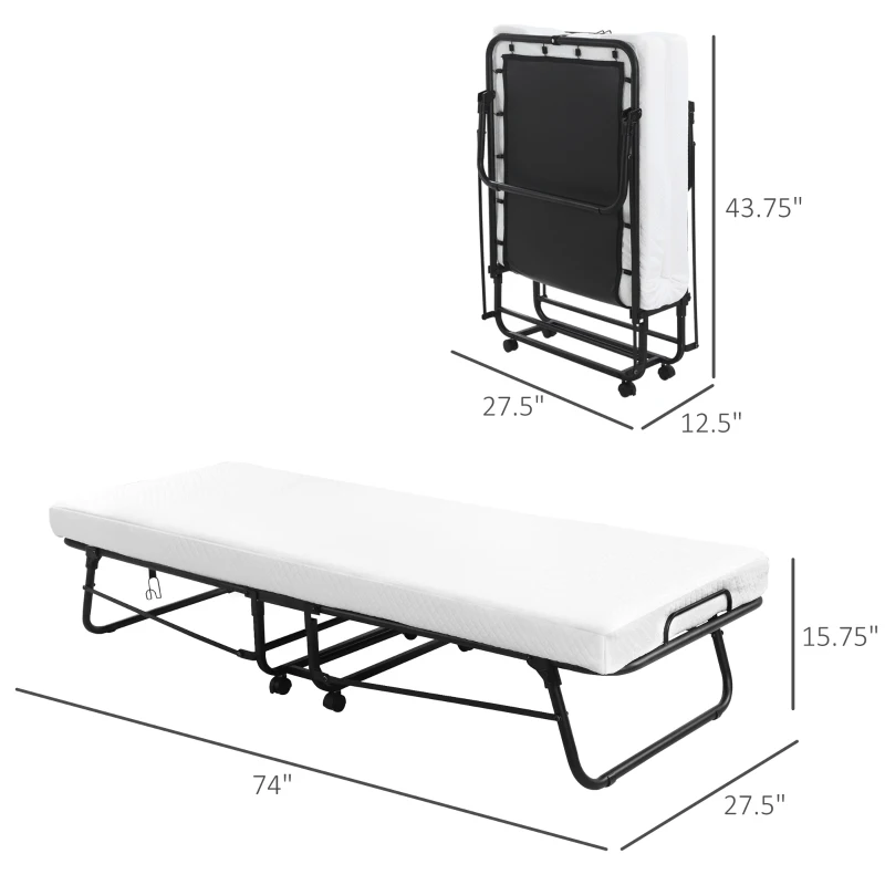 HOMCOM Rollaway Bed, Folding Bed with 4" Mattress, Portable Foldable Guest Bed with Memory Foam, Steel Frame and Wheels, White