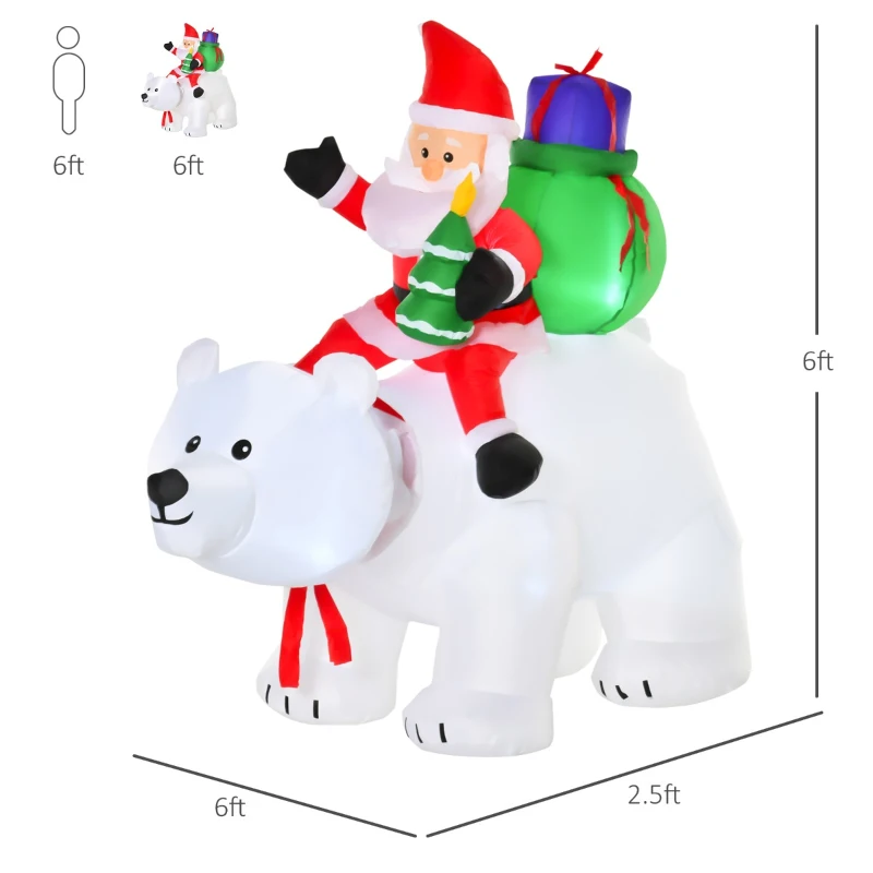 HOMCOM 6ft Christmas Inflatable Animated Moving Santa Claus Riding A Polar Bear with Toy Bag, Outdoor Blow-Up Yard Decoration with LED Lights Display