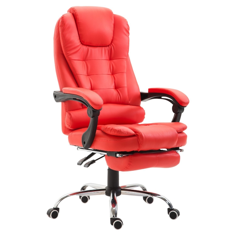 HOMCOM High Back Ergonomic Executive Office Chair, PU Leather Computer Chair with Retractable Footrest, Lumbar Support, Padded Headrest and Armrest, Red