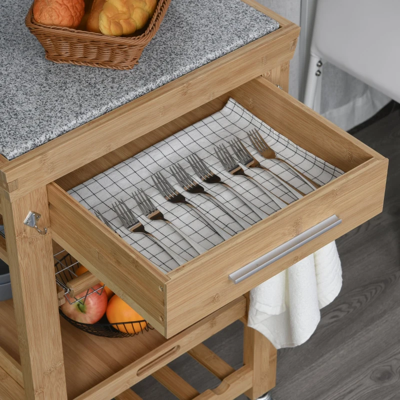 HOMCOM Bamboo Rolling Kitchen Island on Wheels Storage Cart with Granite Top, a Slide-Out Basket & Wine Storage Rack