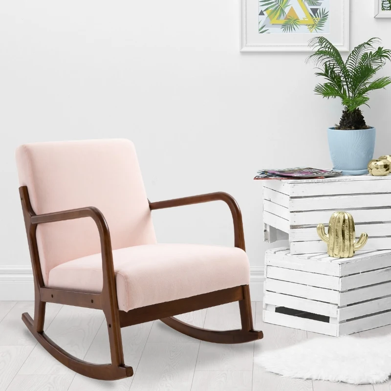 HOMCOM Upholstered Rocking Armchair with Wood Base and Linen Fabric Padded Seat for Living Room, Pink