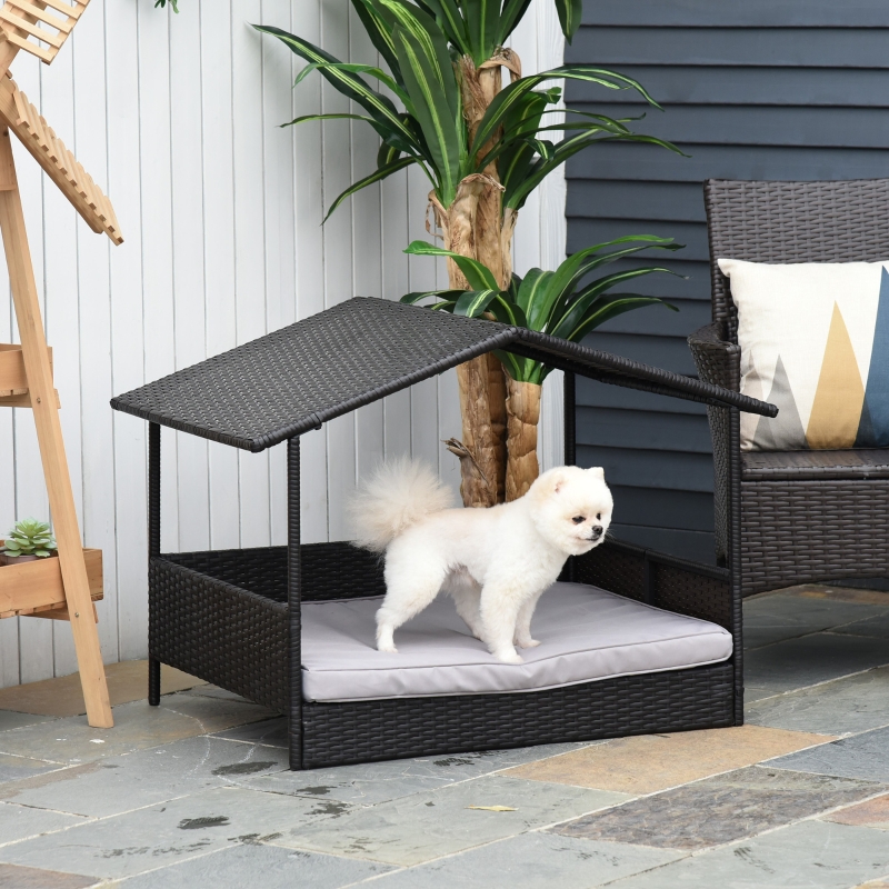 Outsunny PawHut Elevated Rattan Dog Bed Pet Home Indoor Outdoor Wicker Dog Cot Dog House Pet Furniture Sofa Bed with Padded Cushion and Roof Shelter Grey