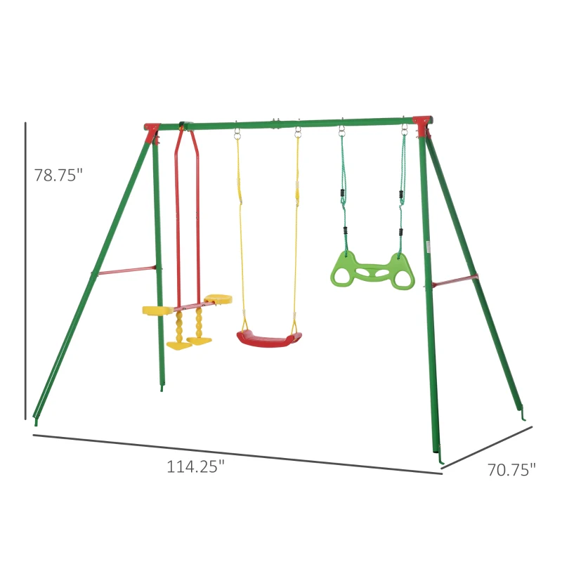 Outsunny 3 in 1 Kids Metal Swing Set w/ Monkey Bar Rings Glider and Adjustable Hanging Rope, Multiple Kids Playground Equipment for Backyard