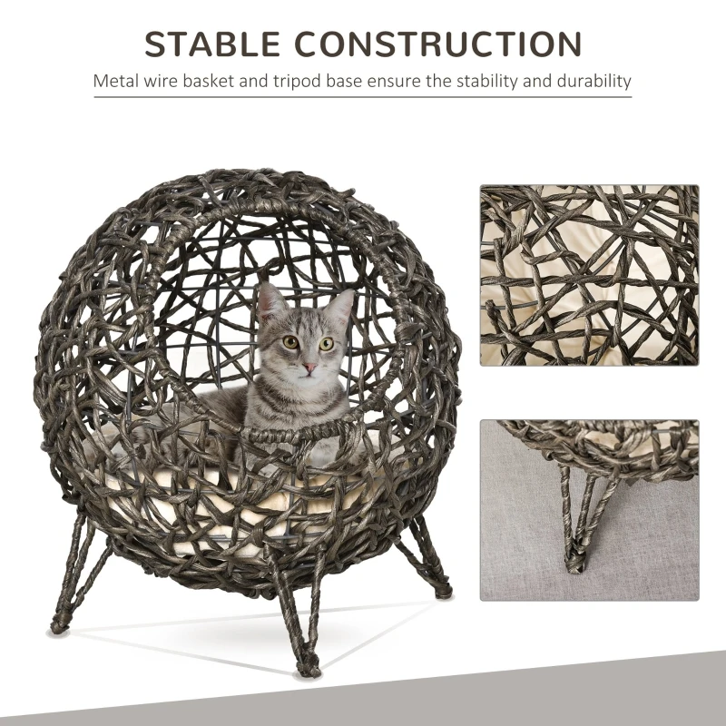 PawHut 20.5" Rattan Cat Bed, Kitten House, Elevated Round Condo for Comfort and Circulation with Cushion, Round Design