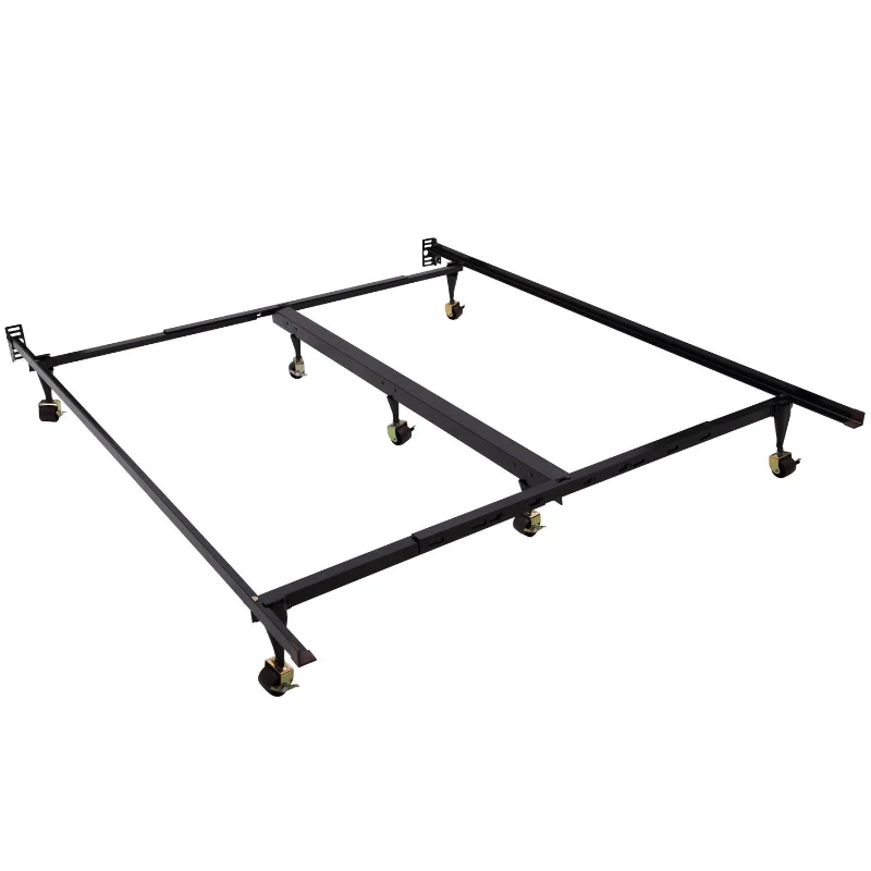 HomCom REINFORCED Adjustable Queen King Size Bed Frame Solid Metal Bedroom Furniture with 7 Lockable Wheels – Black