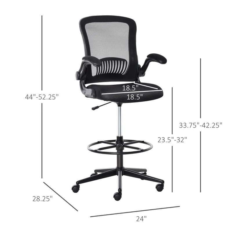 Vinsetto Tall Drafting Desk Chair Computer Desk Home Office Mesh Standing Chair with Mid Back, Foot Ring, Flip-up Arm, 360° Swivel Wheels, Black