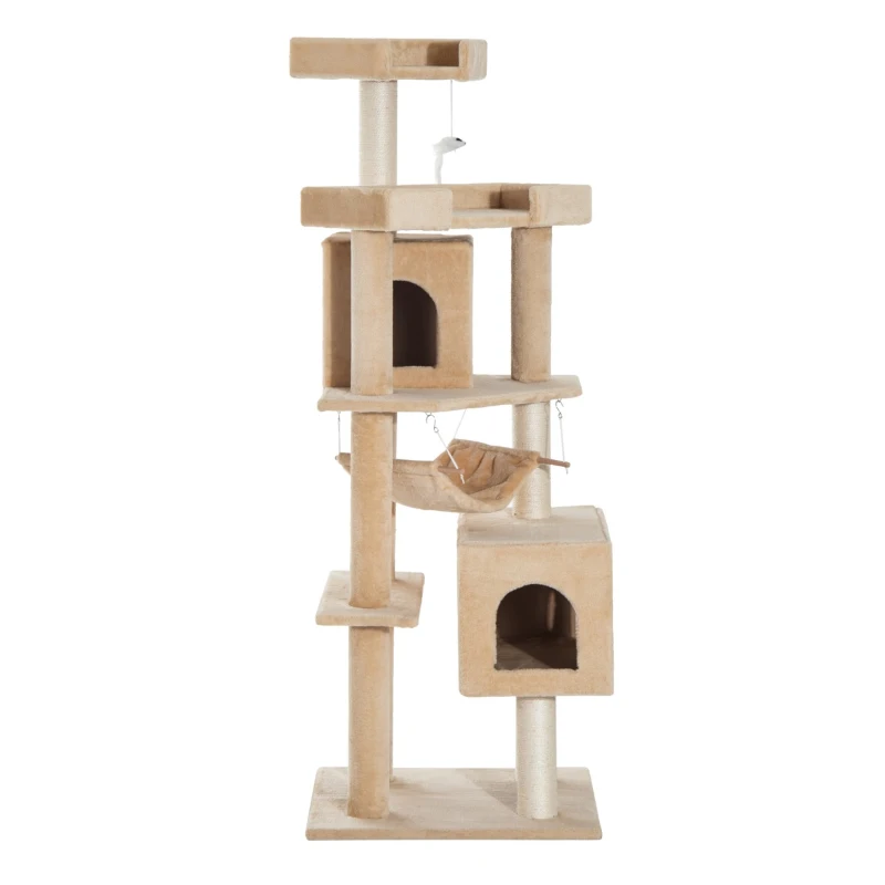 Pawhut 65.2 Inch Cat Tree Scratching Post Pet Furniture with Condo, Hammock, Toy - Beige