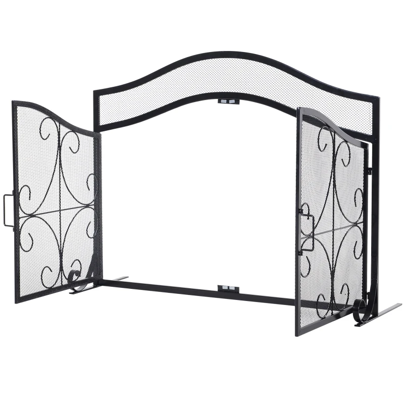 HOMCOM Fireplace Mesh Screen with Hinged Magnetic Doors and Standing Decorative Scrollwork