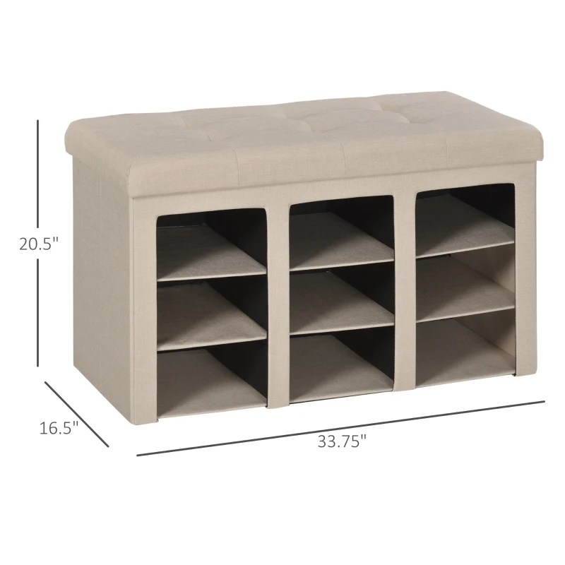 HOMCOM Modern Folding Shoe Storage Bench with Flipping Lid, Ottoman Bench for Bedroom & Hallway with 9 Cubes, Beige