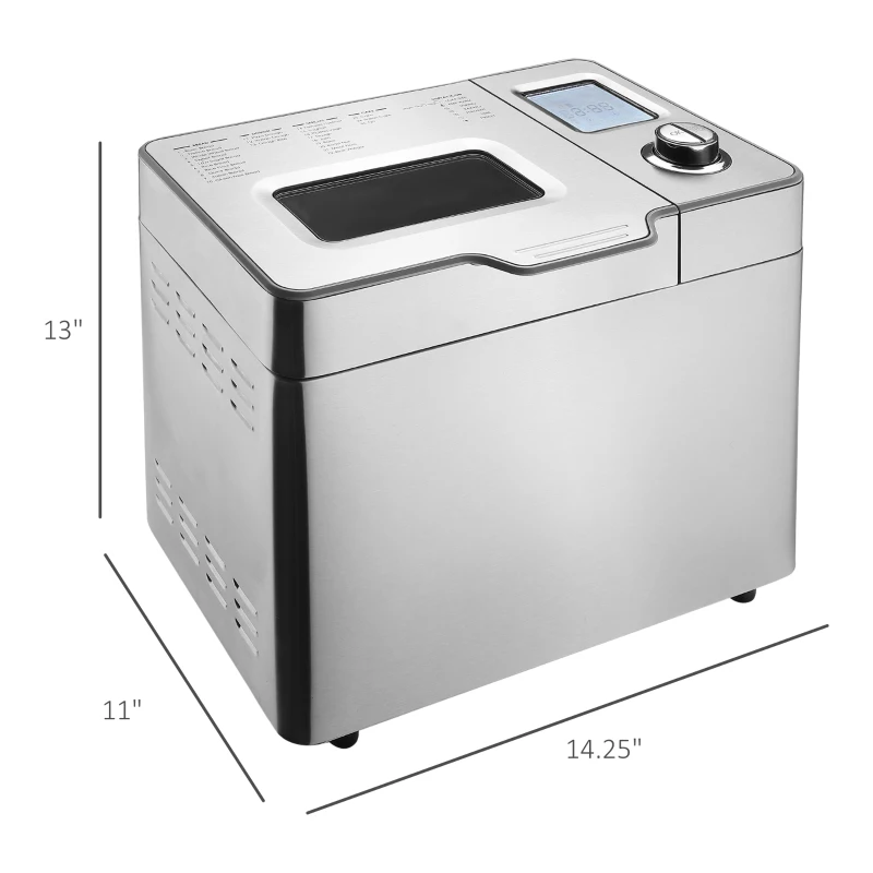 HOMCOM 2LB Bread Maker, Stainless Steel Bread Machine with 25 Programmable Settings, 3 Shade Crust Options, LCD Display, Gluten Free, Silver