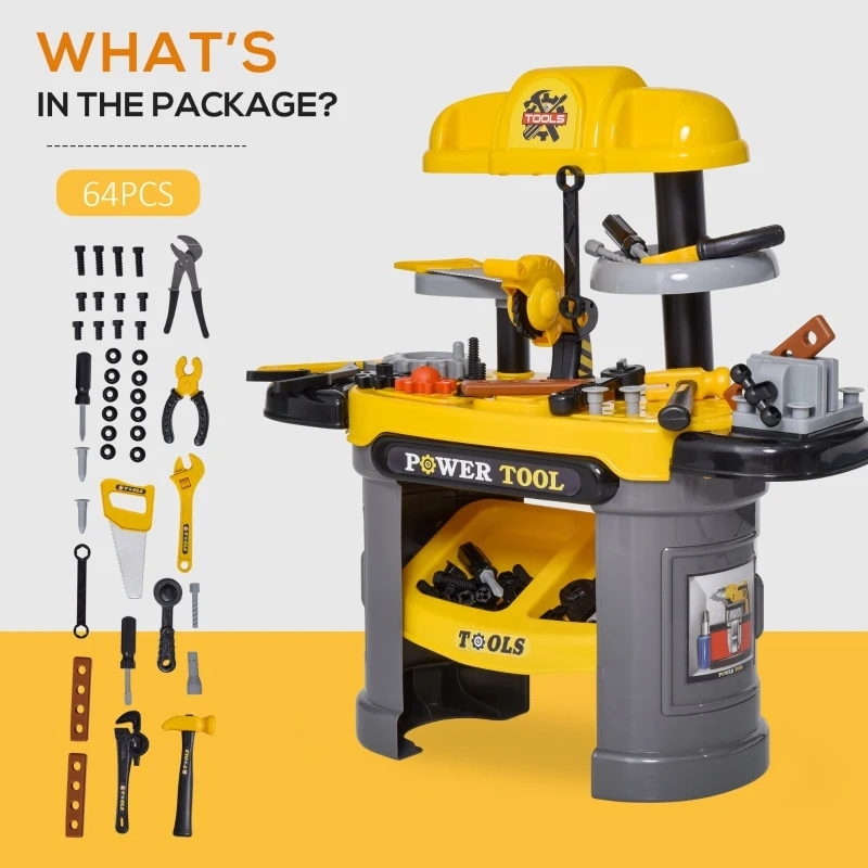 Qaba Play Toy Workbench for Kids 64 Pieces Tools Plus Case Storage Shelf  Construction Tool Accessories Playset Construction Pretend Play Toy Kit Yellow Grey