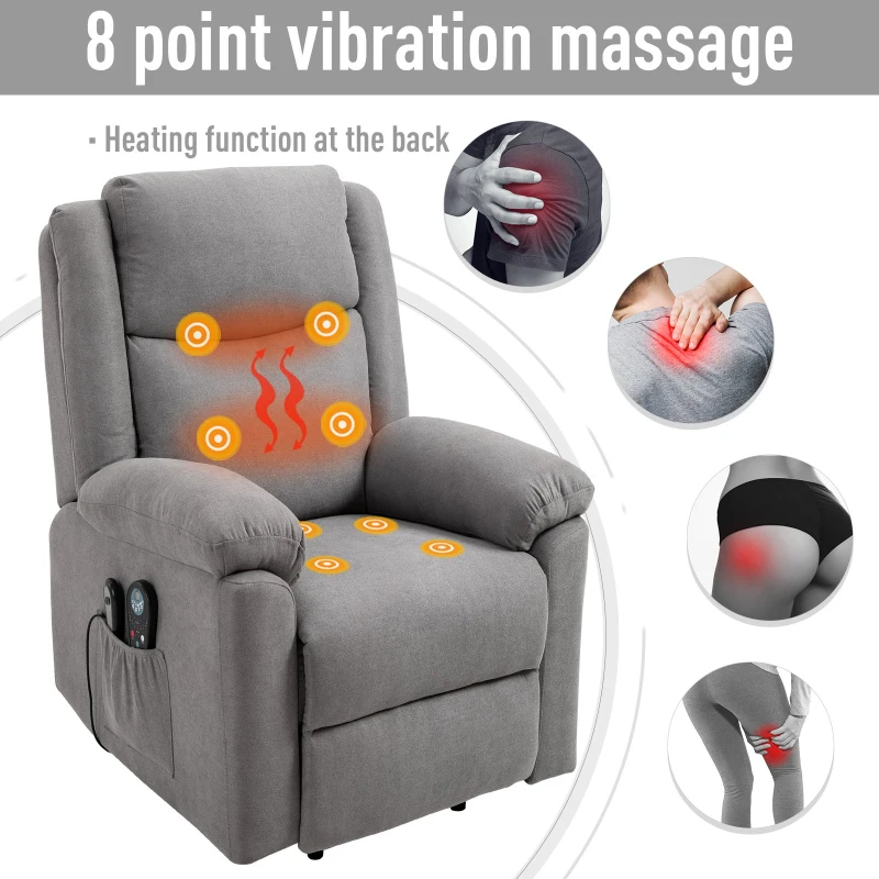 HOMCOM Electric Power Lift Recliner Massage Sofa Linen Surface w/ 8 Vibration Points 2 Remote, Living Room Office Furniture - Grey